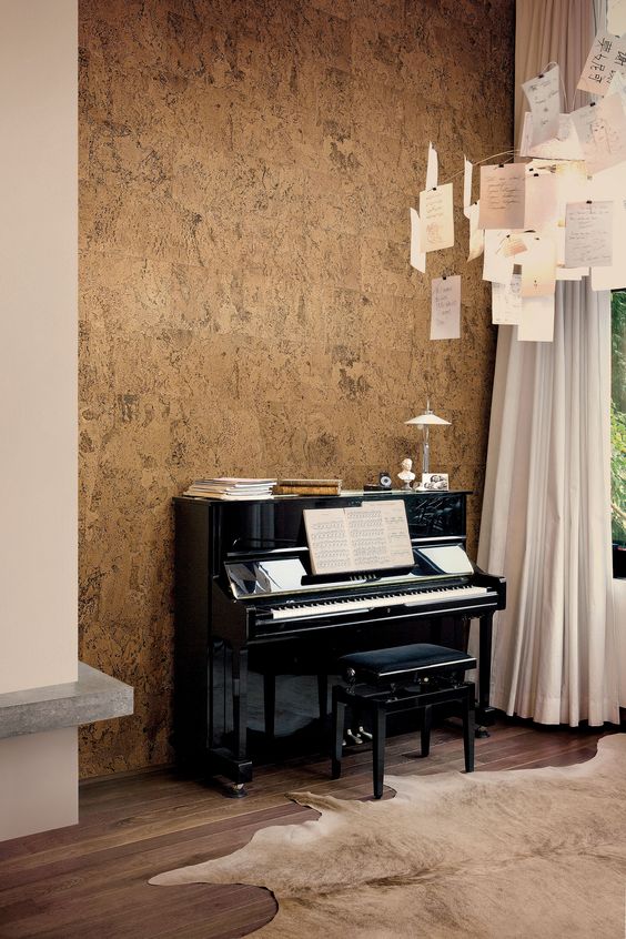 Soften a Music Nook with Natural Cork Wallpaper