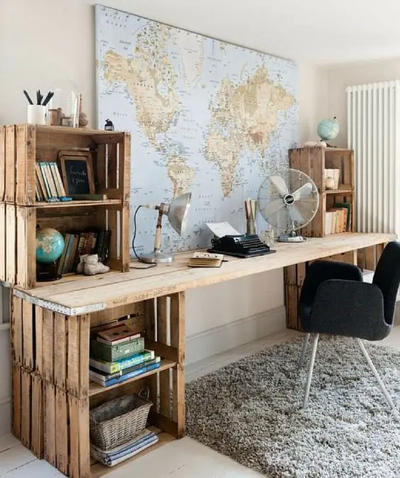 Wooden Crate Shelving Units for a Rustic Desk Setup