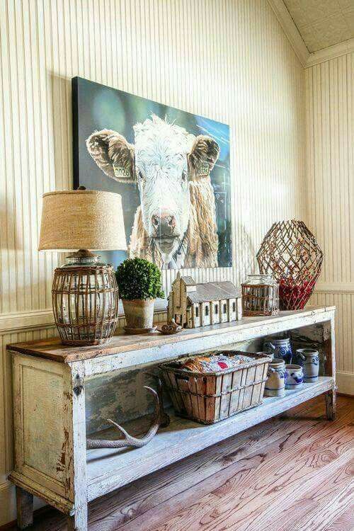 Layer Farmhouse Accents on a Distressed Two-Tier Console