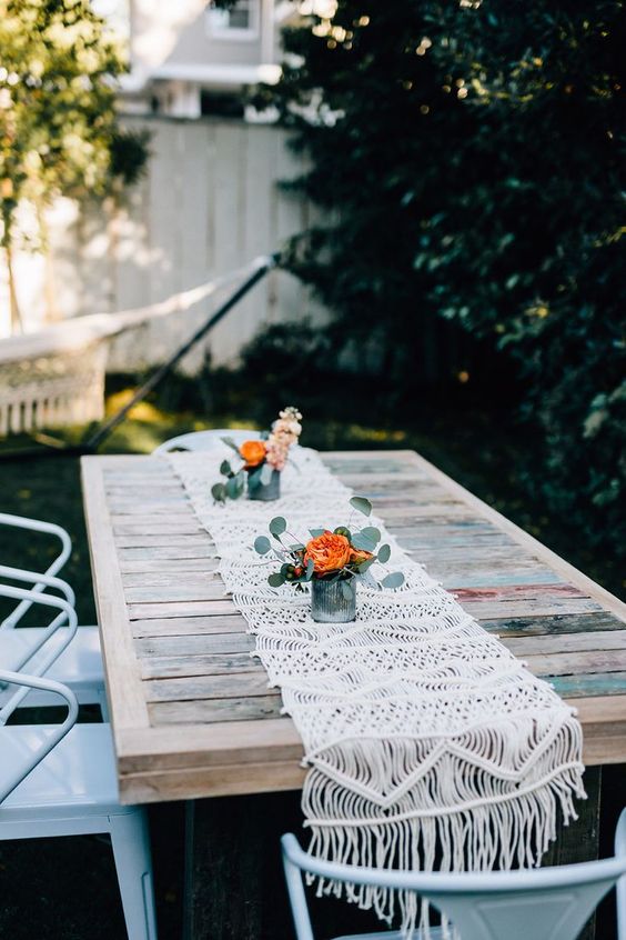 Macrame Table Runner Adds Boho Texture to Reclaimed Wood Table