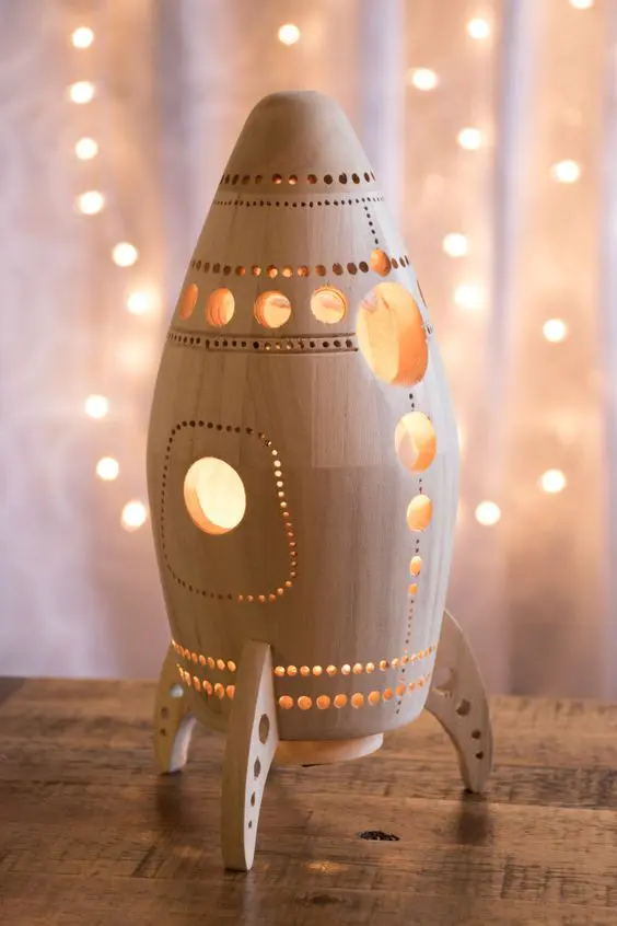 Carved Wooden Rocket Lamp for a Gentle Glow