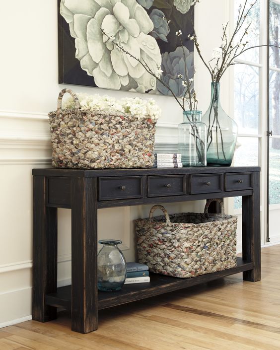 Woven Baskets Add Textured Storage to Console Shelf