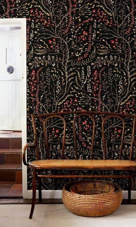 Dramatic Dark Floral Wallpaper with a Wooden Bench