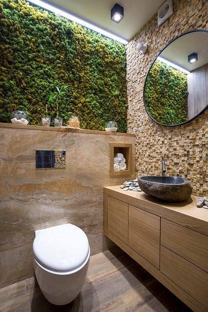 Textured Moss Wall Adds Natural Depth to Small Bathroom