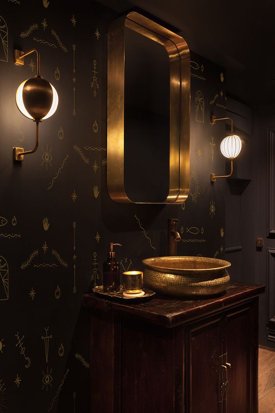 Dark Wallpaper With Gold Line Art Adds Whimsical Detail