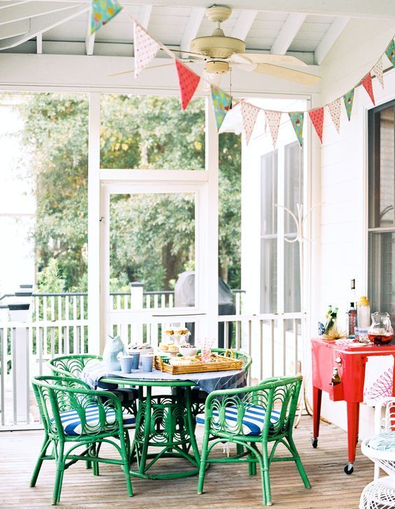 Triangle Bunting Adds Festive Flair Above Outdoor Dining