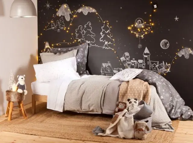 Chalkboard Wall Art With Twinkling Lights Creates a Whimsical Scene
