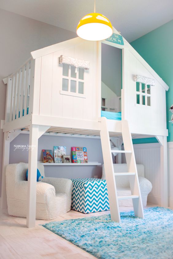 White Loft Bed With Built-In Shelf For Books