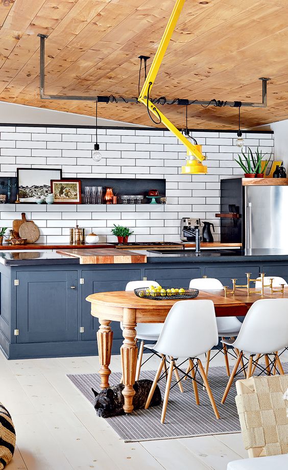 Deep Blue Kitchen Island With Butcher Block Countertop