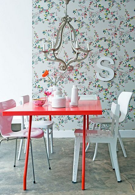 Floral Wallpaper Adds Whimsy Behind a Bright Dining Set