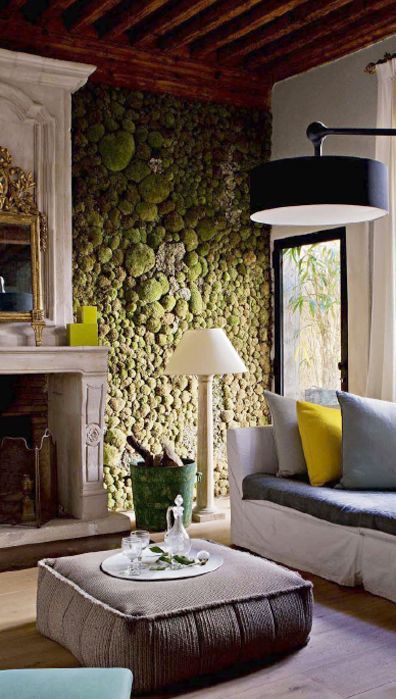 Soften a Fireplace Area with a Textured Moss Wall