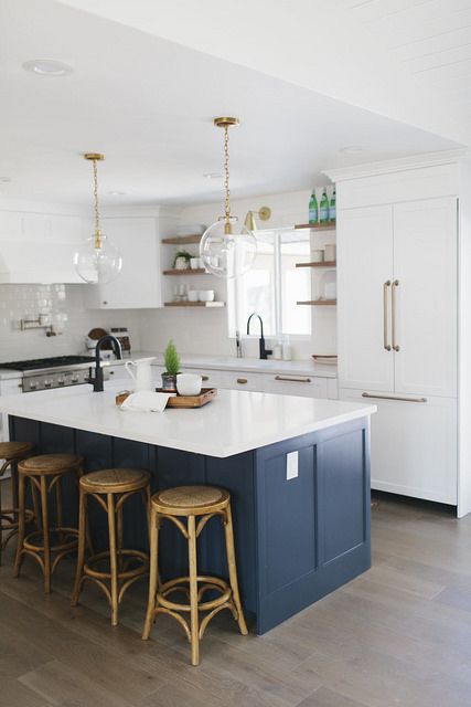 Pair a Navy Island Base with Natural Cane-Seat Stools