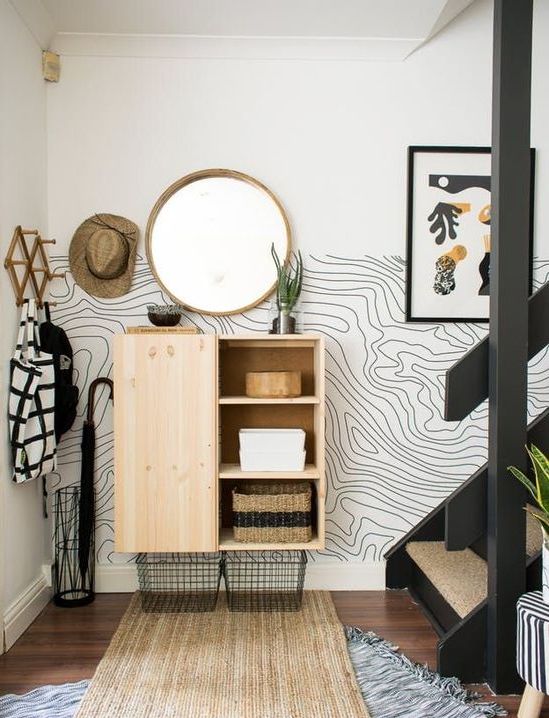 Topographic Wallpaper Adds Graphic Interest to Staircase