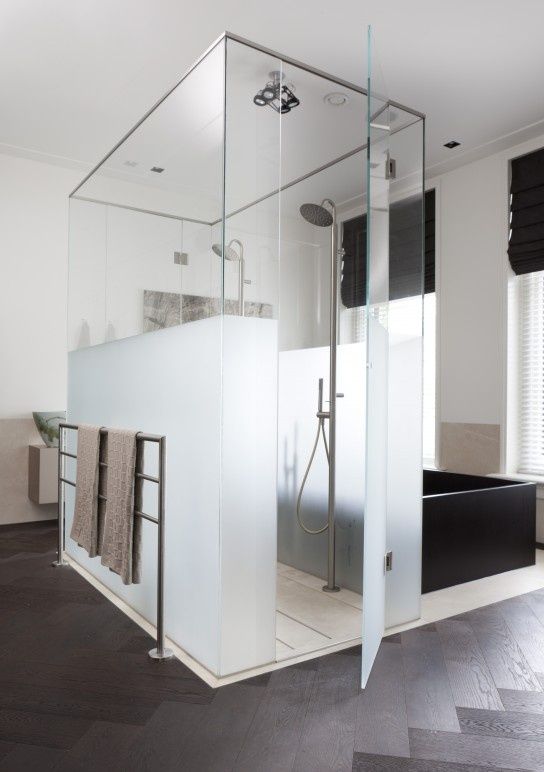 Frosted Glass Shower Enclosure That Adds a Towel Rack