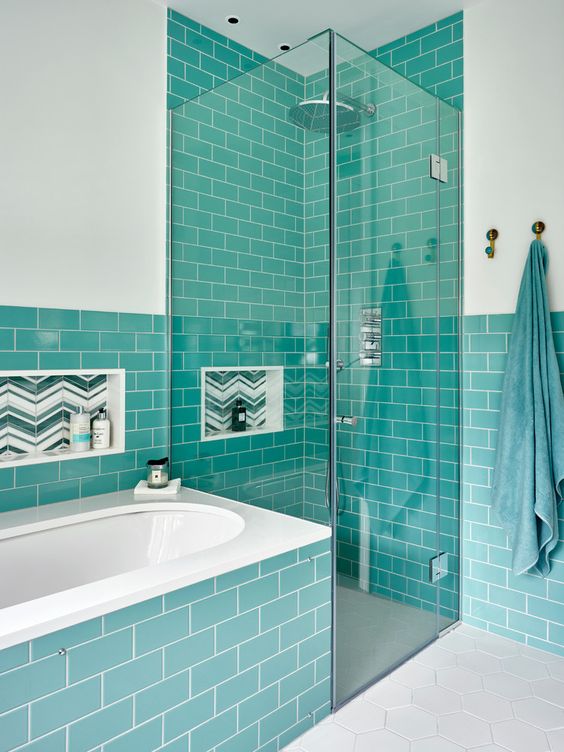 Chevron Niches Break Up Turquoise Tile Patterns