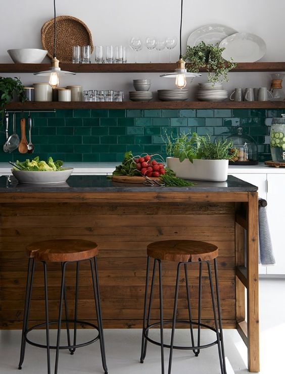 Achieve Warm Contrast with a Wood Island Base and Dark Countertop