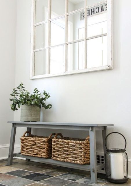 Woven Baskets On A Bench Shelf For Entryway Storage