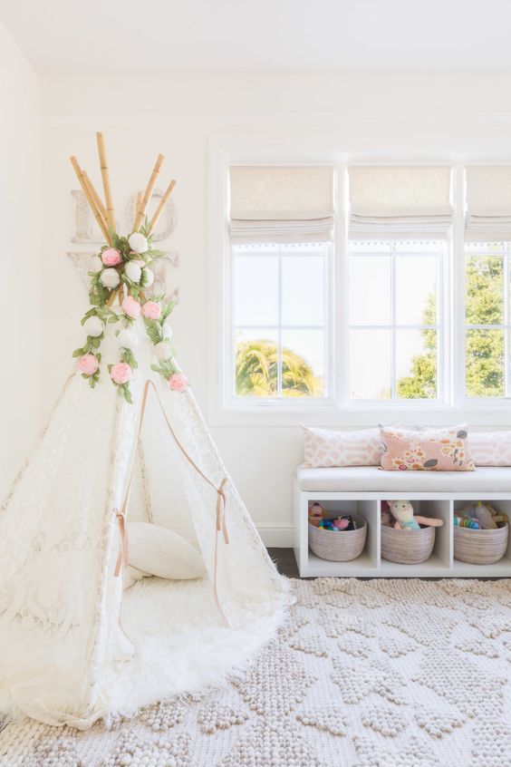 Lace Teepee Decorated With Fabric Flowers and Bamboo Poles