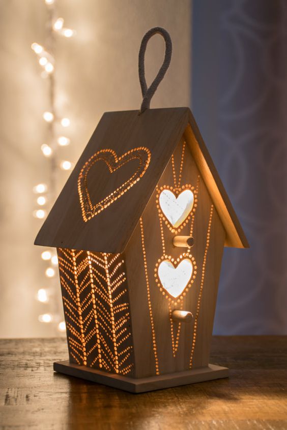 Wooden Birdhouse Lamp with Heart Cutouts