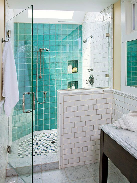 Recessed Shower Niches Lined with Turquoise Tile