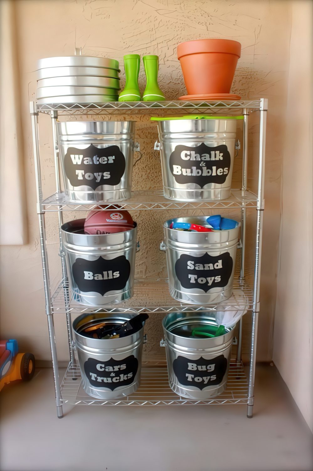 Galvanized Buckets with Chalkboard Labels for Toy Organization