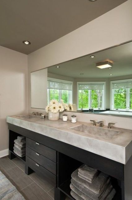Concrete Double Vanity With Open Shelving For Towels