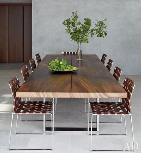 Dark Wood Dining Table With Woven Leather Chairs