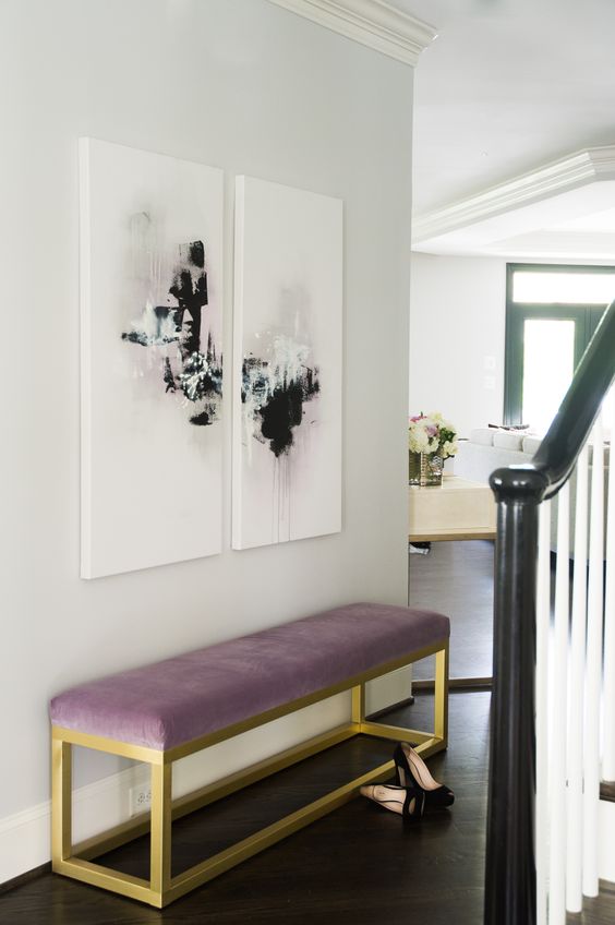 Purple Velvet Bench with a Sleek Gold Frame
