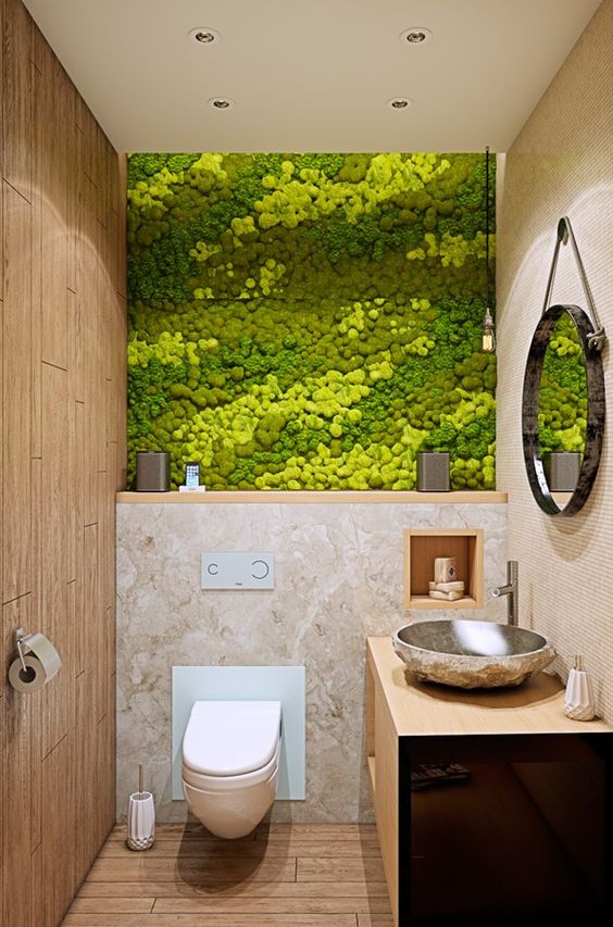 Moss Accent Wall Brings Organic Texture to Small Bathrooms