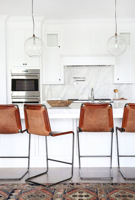 Leather Sling Bar Stools Warm Up a White Kitchen