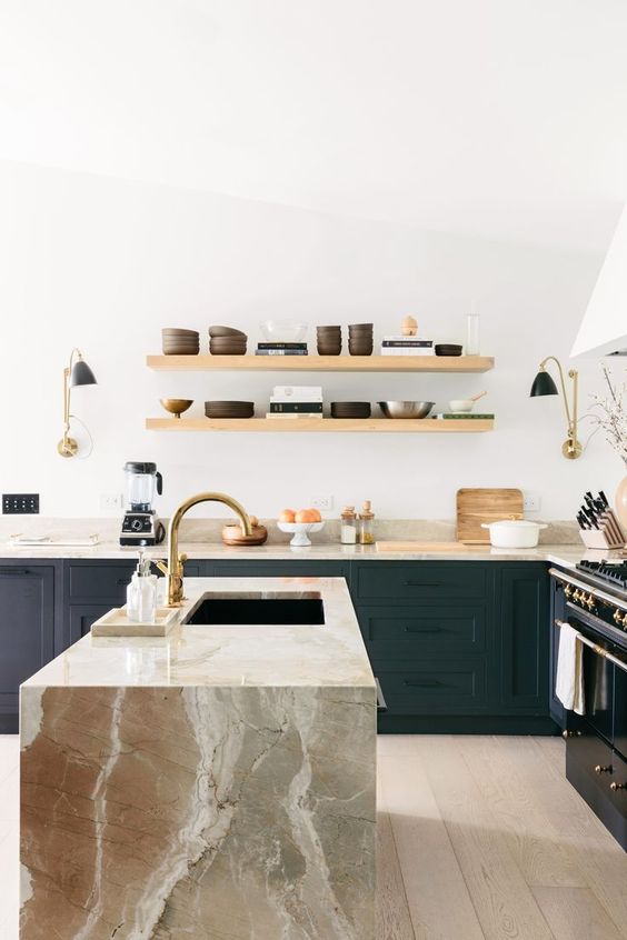 Contrast Dark Cabinetry with a Marble Island Base