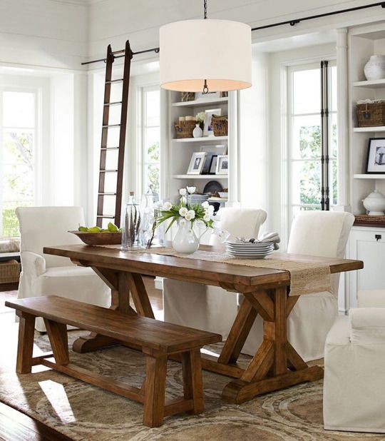 Wooden Bench Adds Casual Seating to a Trestle Table