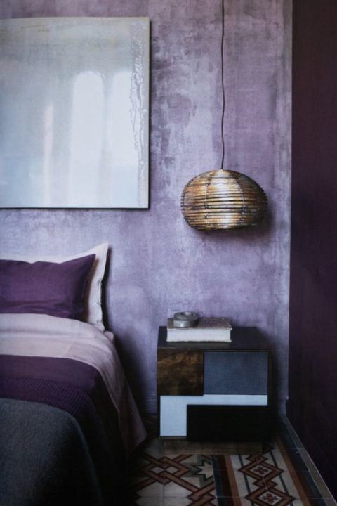 Woven Pendant Light Softens Textured Purple Walls
