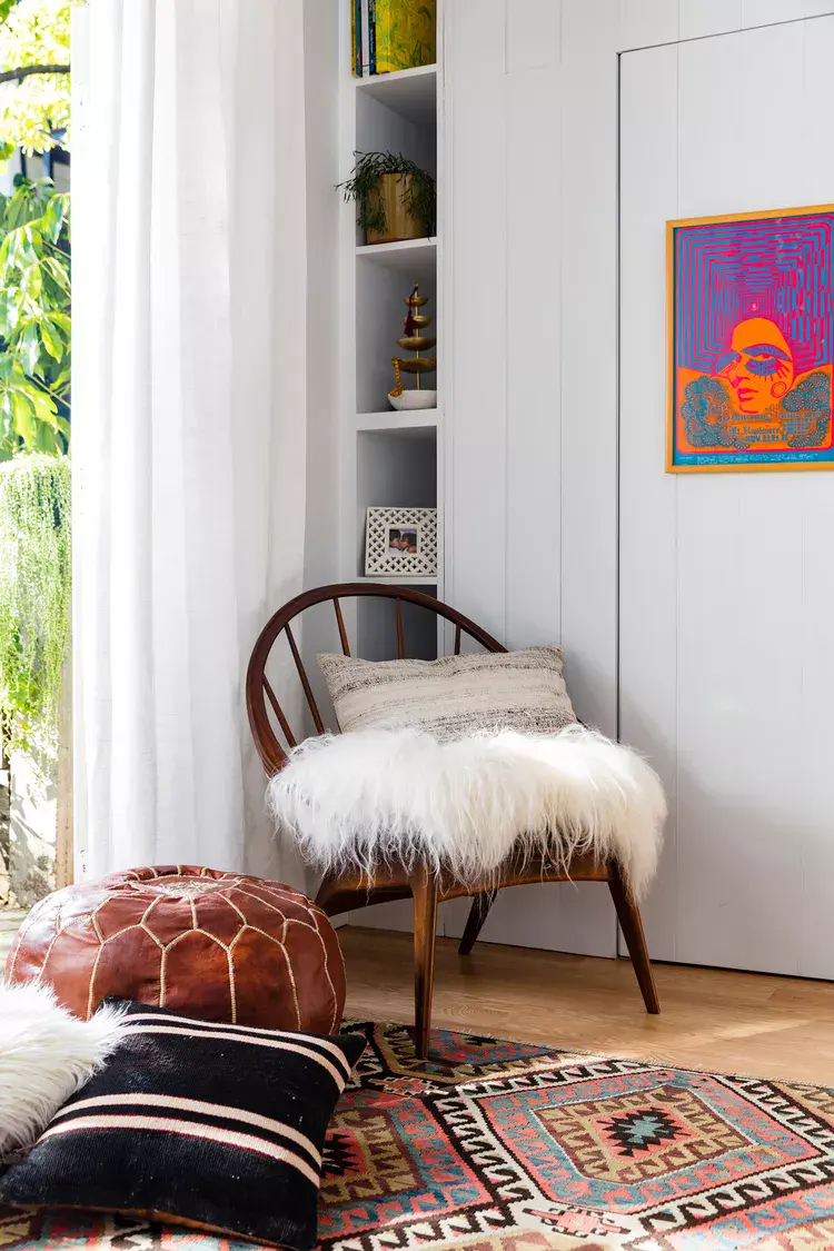 Wooden Chair with Fluffy Sheepskin Adds Cozy Texture