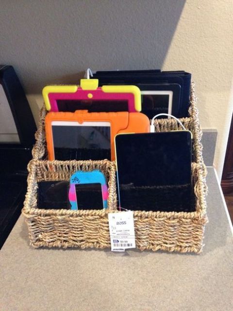 Woven Basket with Compartments for Devices