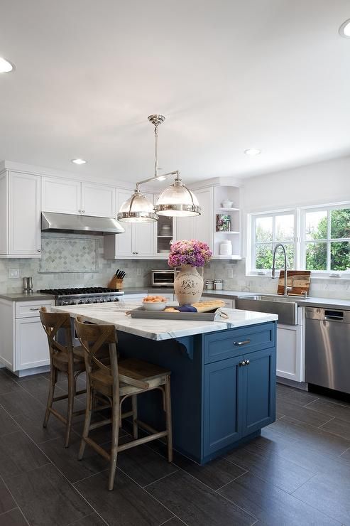 Deep Blue Island Base With Marble Top Adds Color