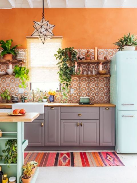 Open Shelves With Patterned Tile Backsplash Add Boho Layers