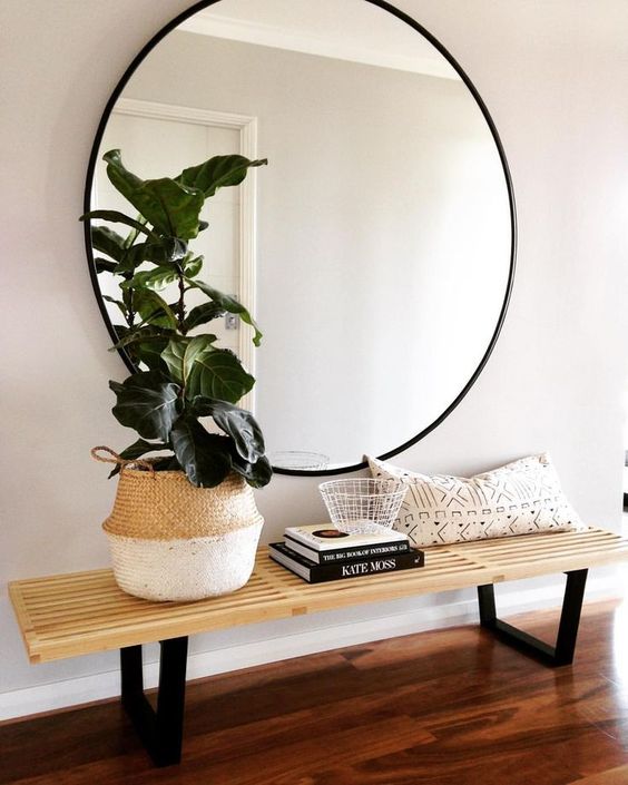 Slatted Wooden Bench with a Round Mirror