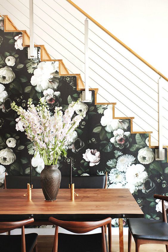 Dark Floral Wallpaper Adds Drama to Staircase Walls