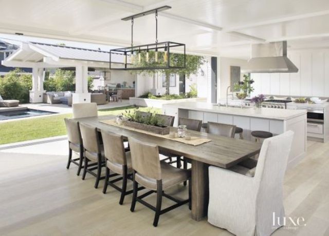Long Wooden Table with Planter Centerpiece