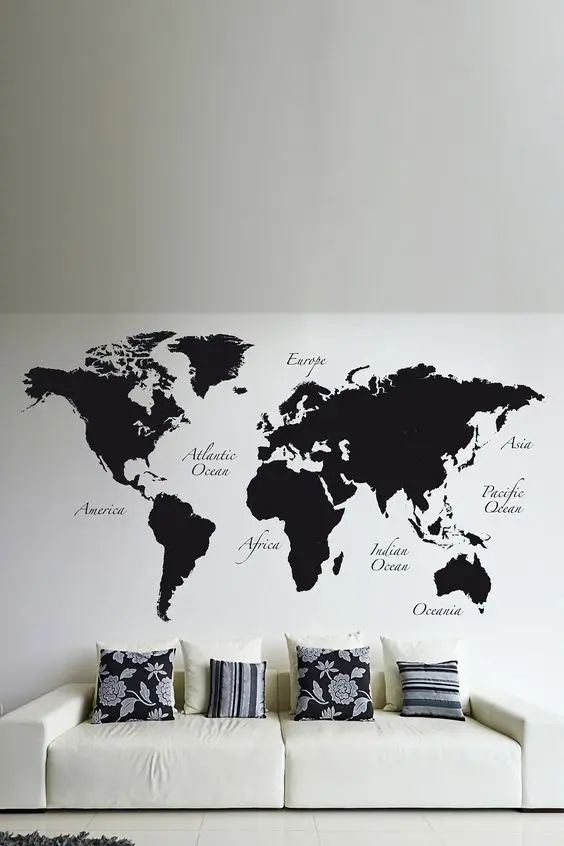 World Map Decal Adds Global Ambiance Above Sofa