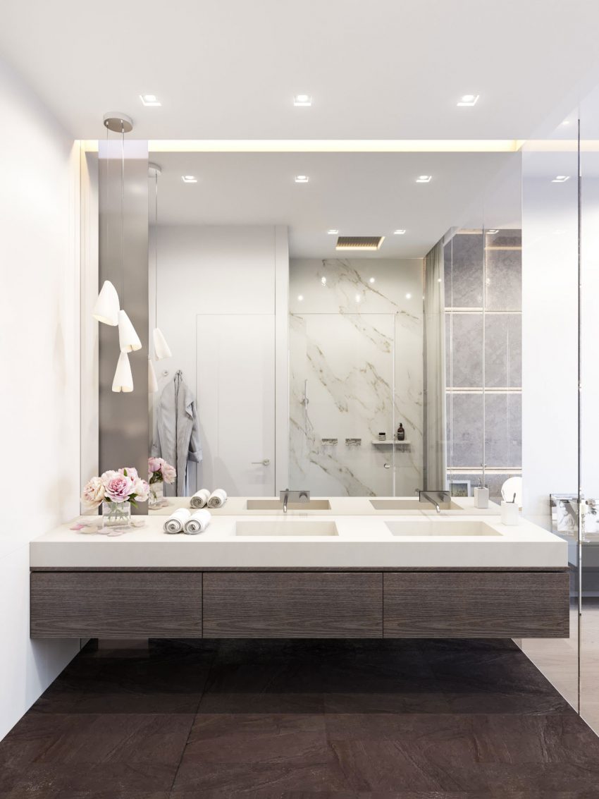 Dark Wood Grain Cabinets Complement a Floating Vanity