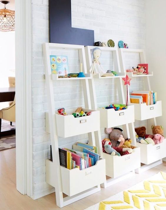 Ladder Shelves With Pull-Out Bins For Stuffed Animals