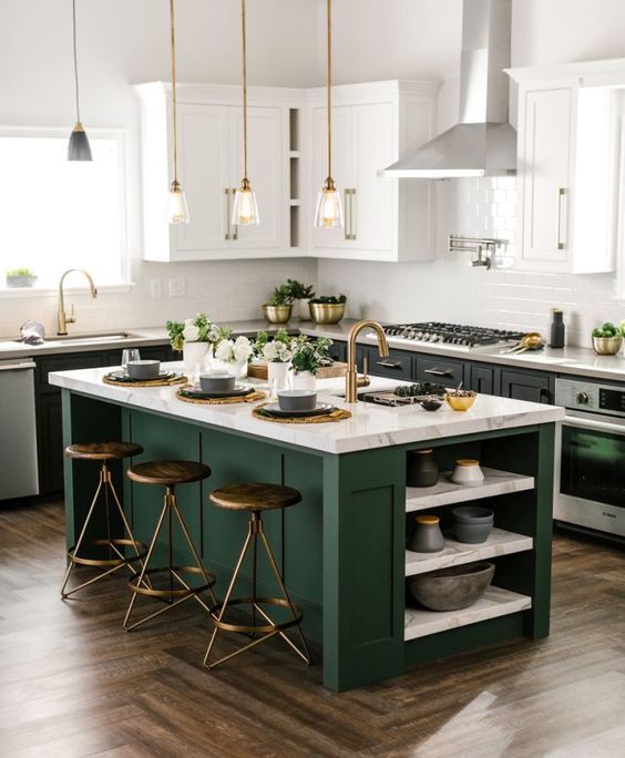 Ground Your Kitchen with a Deep Green Island and Open Shelving