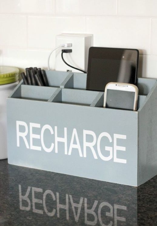 Blue Wooden Organizer for Devices and Pens