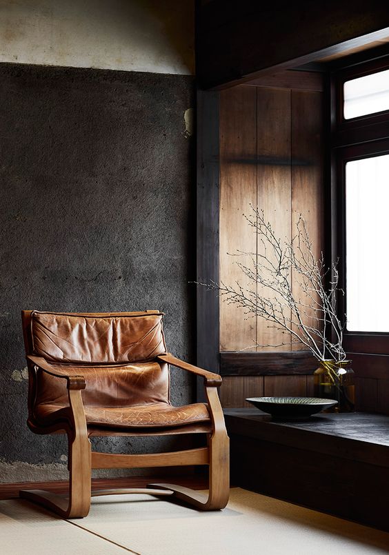 Tan Leather Lounge Chair with Wooden Frame