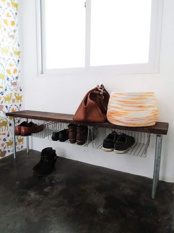 Wire Baskets Under a Bench for Shoe Organization