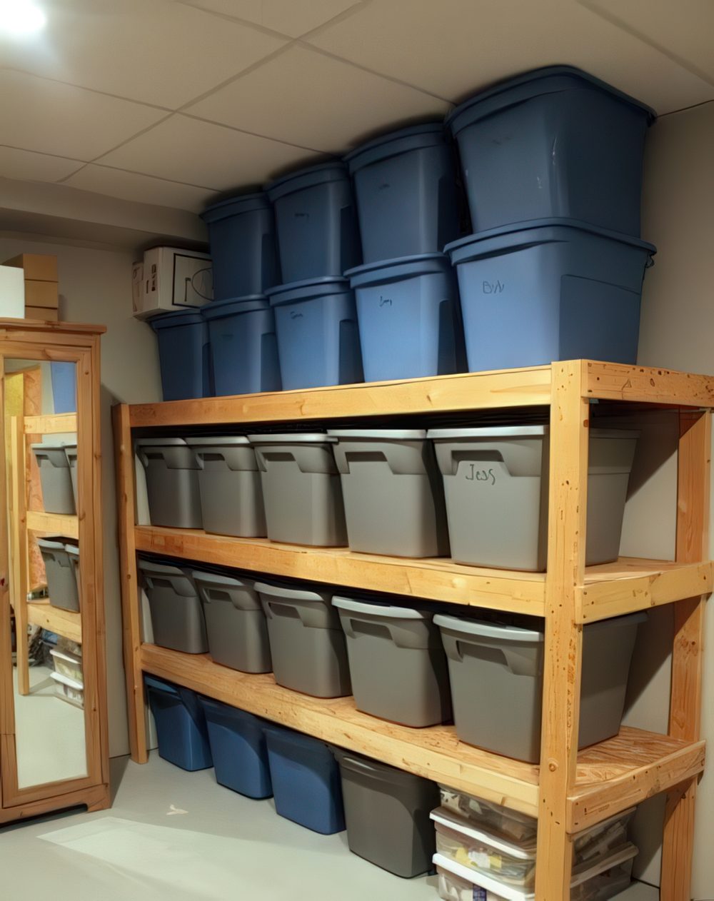 Sturdy Wooden Shelving with Matching Gray Tubs