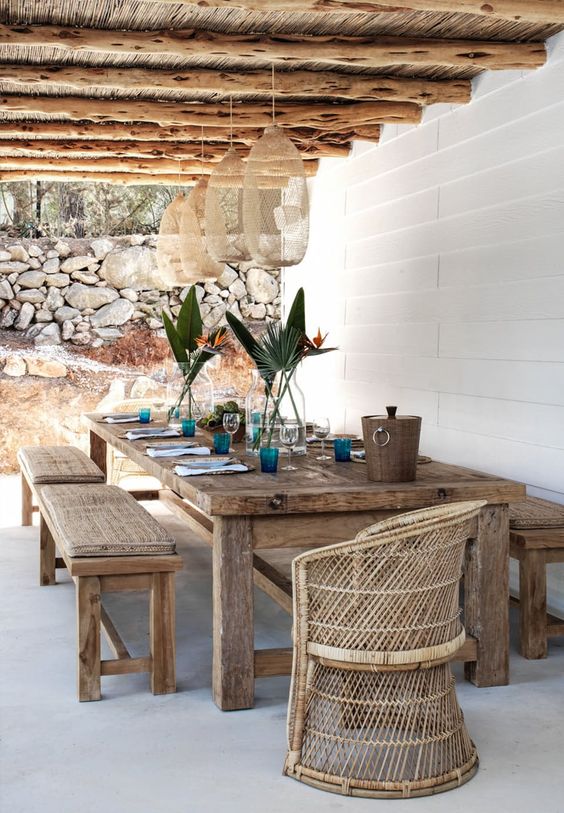 Woven Pendant Lights Add Natural Texture Underneath Beams