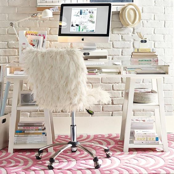 Fluffy White Chair Adds Cozy Texture to a White Desk